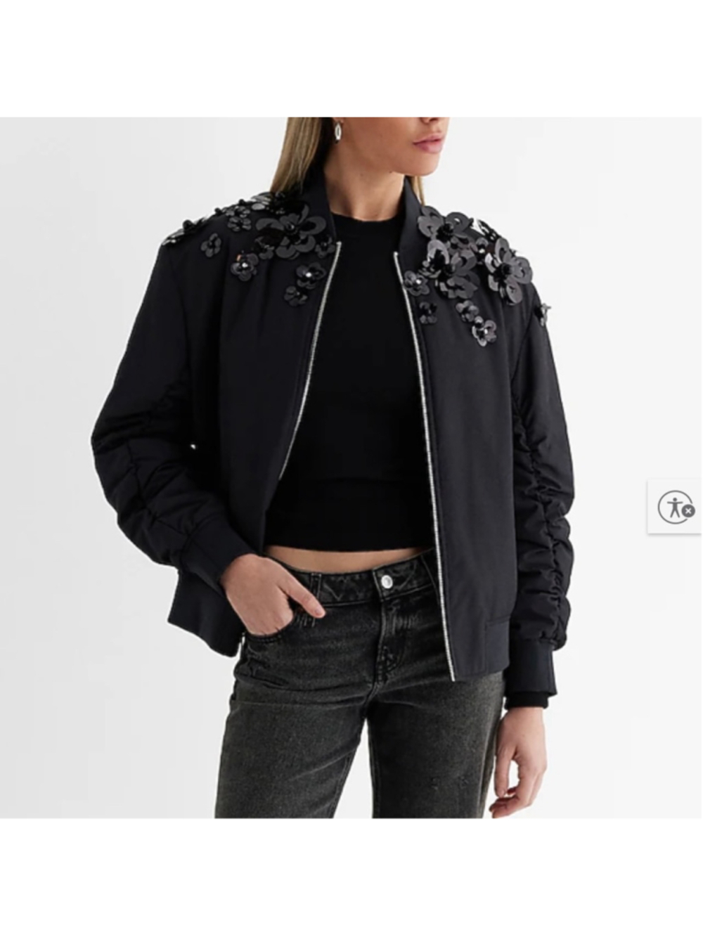 EXPRESS Floral Embellished Bomber Jacket Womens Black Sequin Zip Up Glam Goth XS